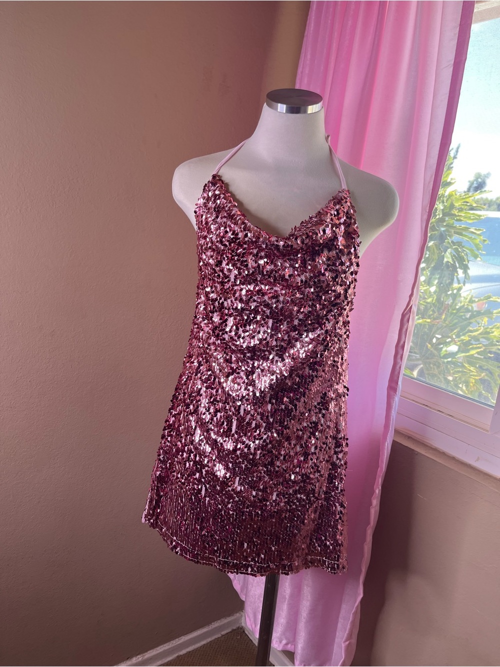 SHEIN Pink Sequin Halter Cowl Mini Dress